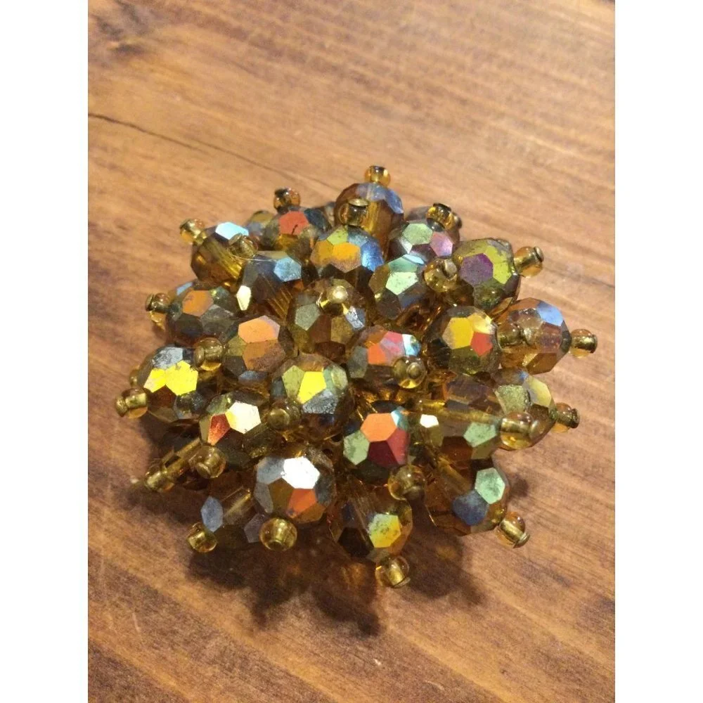 Vintage Mid Century Iridescent Copper Crystal Bead Cluster Brooch Old Money